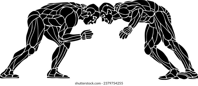 Silhouette icon of two greco-roman wrestler confront each other head on, isolated against white. Vector illustration.