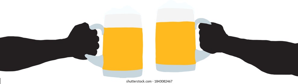 Silhouette icon of two hand cheering with beer mugs. Vector illustration.