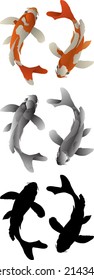 Silhouette icon of two koi carp fish swim in tandem, isolated against white. Vector illustration.