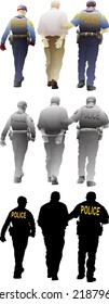 Silhouette icon of two policeman arrest a man on handcuff, isolated against white. Vector illustration.