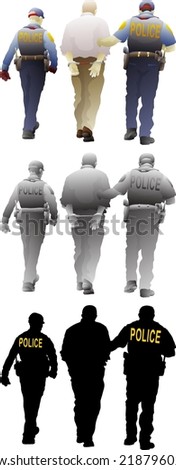 Silhouette icon of two policeman arrest a man on handcuff, isolated against white. Vector illustration.