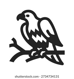 Silhouette icon US Eagle sitting on a branch. Simple black vector illustration of Bird, isolated on white background. Perfect for logo, icon, emblem