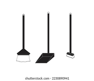 silhouette icon vector design of several tools that are commonly used manually to clean dirt on the floor including a straw broom and a floor brush using a stalk