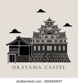 Silhouette icon vector illustration of a historic building castle in the Japan, Simple outline icon design cartoon landmark for praying vacation travel tourist attractions. Line art of Okayama Castle