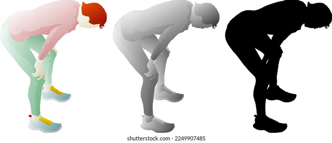 Silhouette icon of weary girl bend down with hands on knee from exhaustion, isolated against white. Vector illustration.