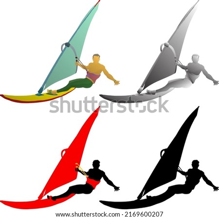Silhouette icon of wind surfer on a sailboard, isolated against white. Hand drawn vector illustration.