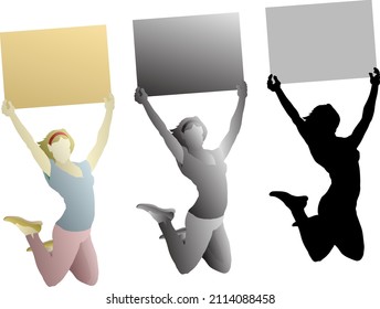 Silhouette icon of woman leap into the air with a blank rectangular placard signboard above her head. Vector illustration.