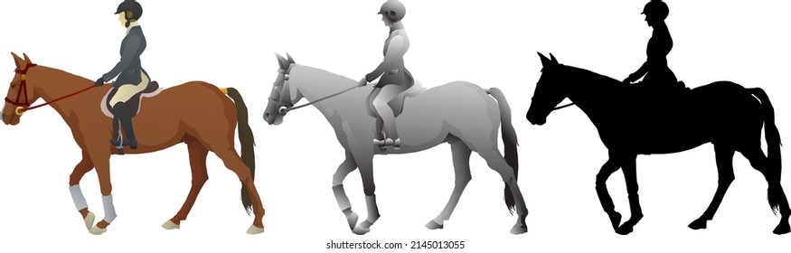 Silhouette icon of woman riding on horse, isolated against white. Vector illustration.
