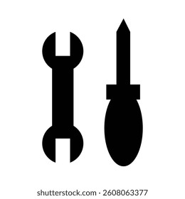 Silhouette icon of a wrench and a screwdriver side by side on a white background. Represents tools, repair, maintenance, or mechanical work in a simple and minimal design style.