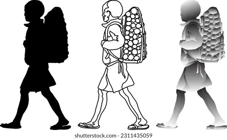 Silhouette icon of young boy carrying a load of firewood on his back for the concept of child labor, isolated against white. Vector illustration.