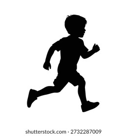 Icono de la silueta de un muchacho joven que corre alegremente en sprint completo, perfil lateral con pose dinámica Ilustración vectorial limpia para la infancia, el juego, la energía, los deportes y los conceptos de la actividad de los niños.