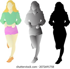 Silhouette icon of young girl leaning against wall with one leg up. Vector illustration.