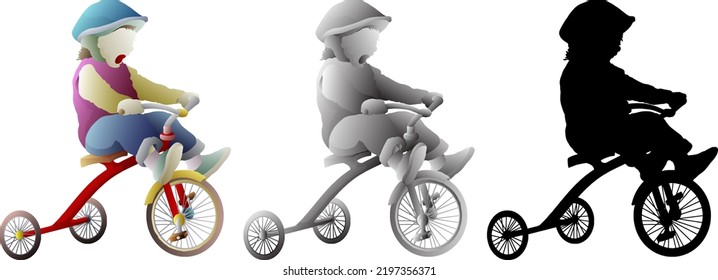 Silhouette Icon Of Young Kid Riding A Tricycle, Isolated Against White. Vector Illustration.