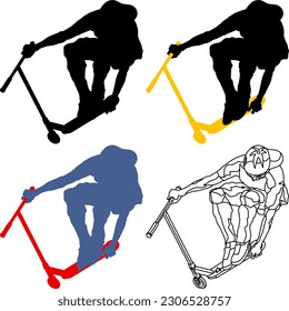 Silhouette icon of young man perform an aerial stunt with a kick scooter bike, isolated against white. Vector illustration.