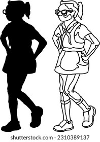 Silhouette icon of young schoolgirl in school uniform walking forward, isolated against white. Vector illustration.