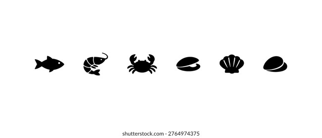 Silhouette icons of aquatic creatures: fish, shrimp, crab, clam, seashell.