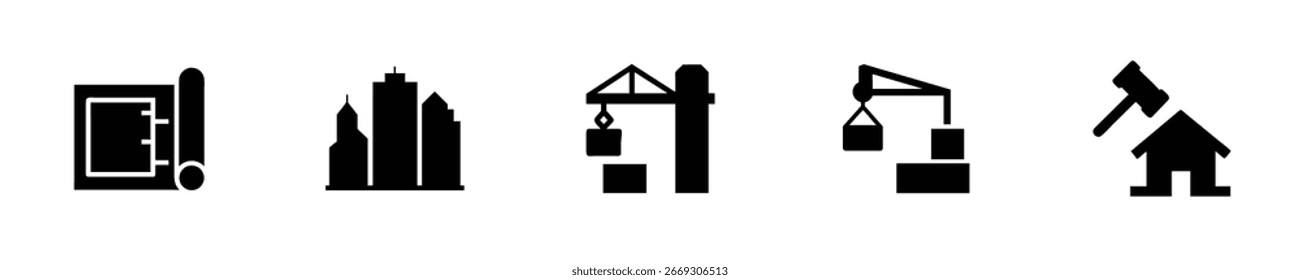 Silhueta ícones projeto arranha-céu guindaste gavel construção