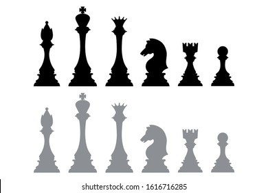 Silhouette icons from chess pieces, such as kings, bishops, queens, knights, rooks, and pawns. Element vector of chess games. Part of a chessboard game for hobbies and sports.