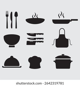Silhouette Icons of Cooking and Kitchen Tools in Simple Black Style
