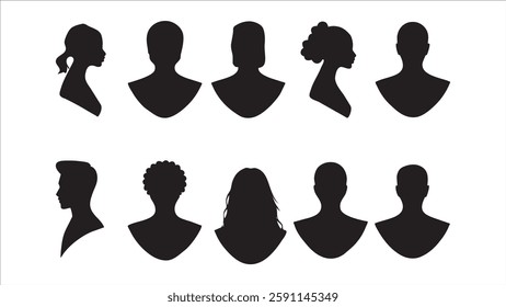 Silhouette Icons Diverse Hairstyles, Profile Views, Avatar Set