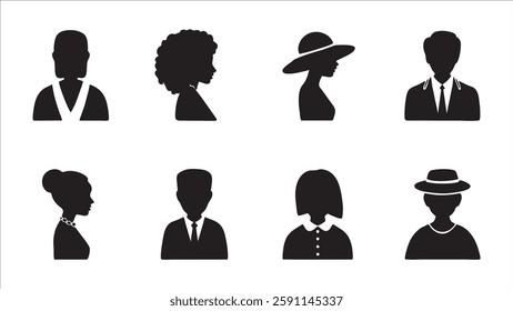 Silhouette Icons Diverse People, Hats, Hairstyles, Profiles