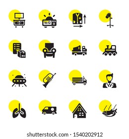 silhouette icons. Editable 16 silhouette icons. Included icons such as Fish, House, Delivery truck, Lungs, Businessman, Cargo truck, Fluglehorn. silhouette trendy icons for web.