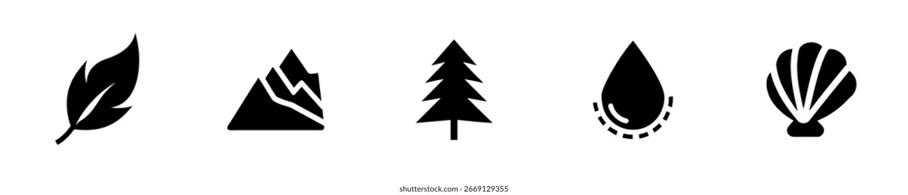 Silhouette icons feather mountain tree water drop seashell vector
