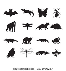 silhouette icons featuring a variety of creatures including reptiles, insects, birds, and mammals. Perfect for use in graphic design.