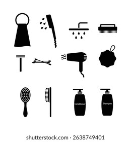 Silhouette icons of hairdryer, hairbrush, shower, towel, shampoo, conditioner, razor, cotton buds  and other hygiene items