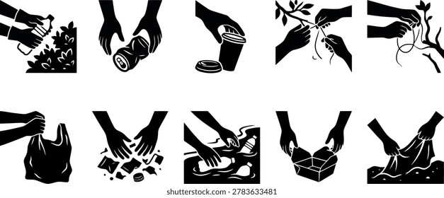 Silhouette icons of hands actively cleaning up environmental waste from plastic bottles to litter for eco friendly awareness and public