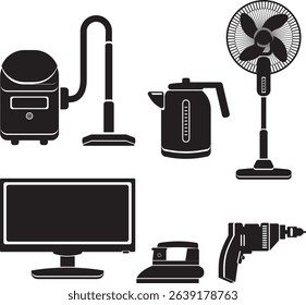 Silhouette icons of household appliances including vacuum, kettle, fan, monitor, iron, and drill—perfect for manuals, infographics, and smart home illustrations.