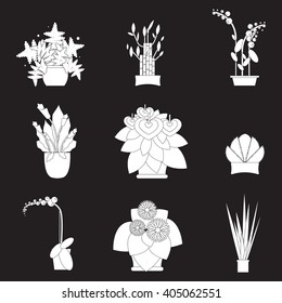Silhouette icons of houseplants, indoor and office plants in pot.