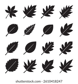 silhouette icons of leaves in assorted styles, suitable for decorative nature-based artwork, prints, and digital projects.