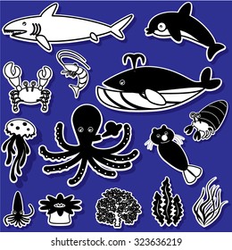silhouette icons life under the sea on. In vector style.