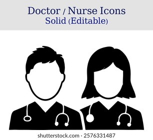 silhouette icons of male and female doctors with stethoscopes. medical professional vector icons in black and white. minimalist doctor silhouettes for healthcare designs.
