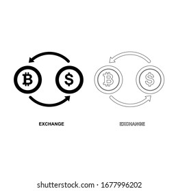 Silhouette icons and outlines of Bitcoin to Dollar exchange with a white background. Vector illustration.