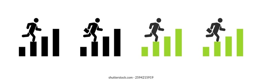 Silhouette icons of person climbing bar graph with briefcase in black and green. Vector icon