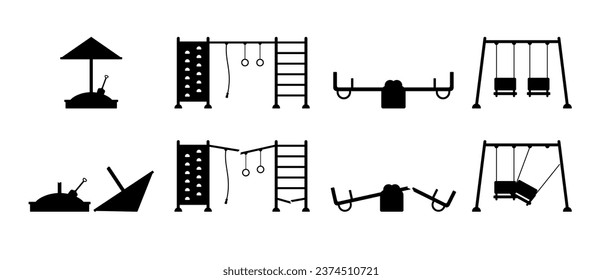 Silhouette icons of playground in children area in park, kindergarten or school yard. Kids seesaw, swing, sandpit, sport equipment damaged of accident, storm wind, hostilities or vandalism, vector set