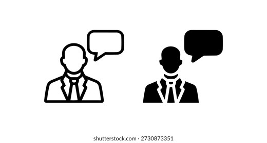 Silhouette icons of professionals with speech bubbles in black and white.