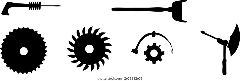 Silhouette icons of saw blades, tools, and parts.
