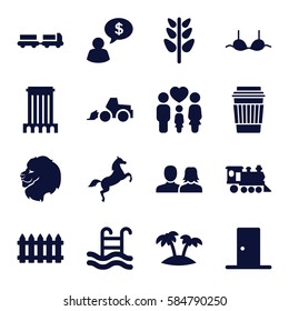 silhouette icons set. Set of 16 silhouette filled icons such as lion, truck with luggage, fence, man and woman, bra, excavator, drink, plant, locomotive, family, palm