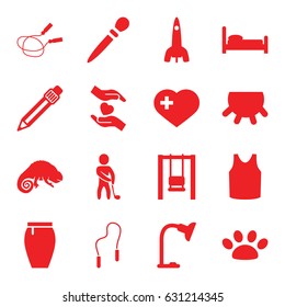 Silhouette icons set. set of 16 silhouette filled icons such as udder, chameleon, jump rope, nail sawing, singlet, skirt, heart with cross, hands holding heart, pen