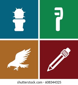 Silhouette icons set. set of 4 silhouette filled icons such as eagle, clamp, pen