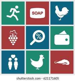 Silhouette icons set. set of 9 silhouette filled icons such as chicken, grape, alligator, Soap, women couple, wallet, percent search