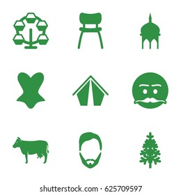 Silhouette icons set. set of 9 silhouette filled icons such as cow, mosque, man hairstyle, corset, emot with mustache, pine-tree, chair, carousel