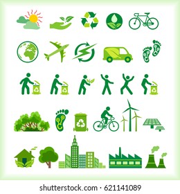 Silhouette Icons And Symbols Of Actions, Vehicles, Nature And Green Energy. Vector Illustration.