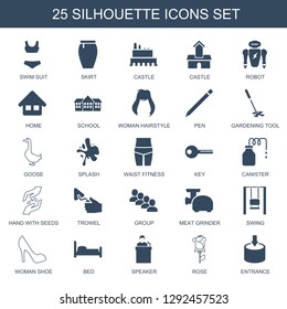 silhouette icons. Trendy 25 silhouette icons. Contain icons such as swim suit, skirt, castle, robot, home, school, woman hairstyle, pen, gardening tool. silhouette icon for web and mobile.