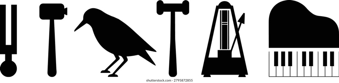 Silhouette icons of tuning fork, hammer, crow bird, gavel, metronome, grand piano, rhythm, sound, music, instruments, culture, design