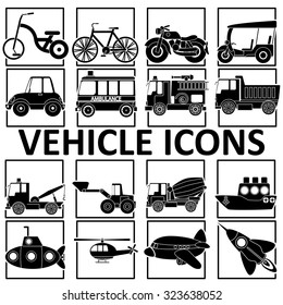 silhouette icons vehicle types in the quadrangle. In vector style.