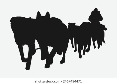 Silhouette of Iditarod race, dog sled. Winter sport, dog, race concept. Vector illustration.